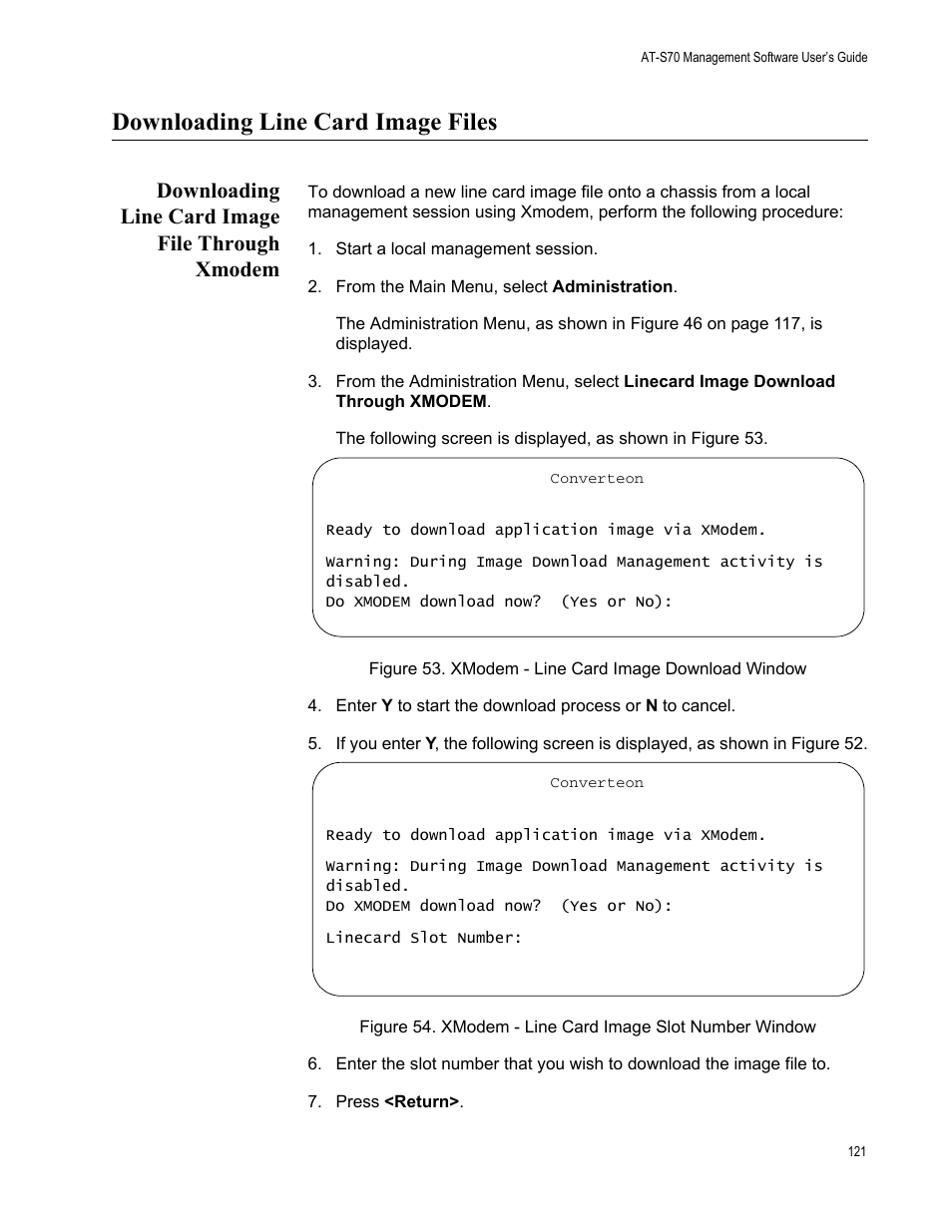 Downloading line card image files, Downloading line card image file through xmodem | Allied Telesis AT-S70 User Manual | Page 121 / 132