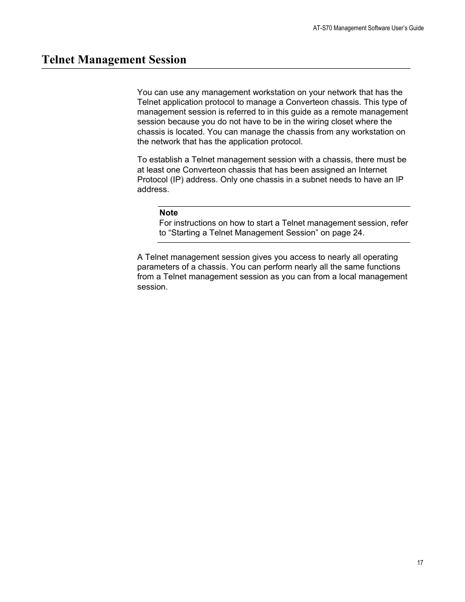 Telnet management session | Allied Telesis AT-S70 User Manual | Page 17 / 132