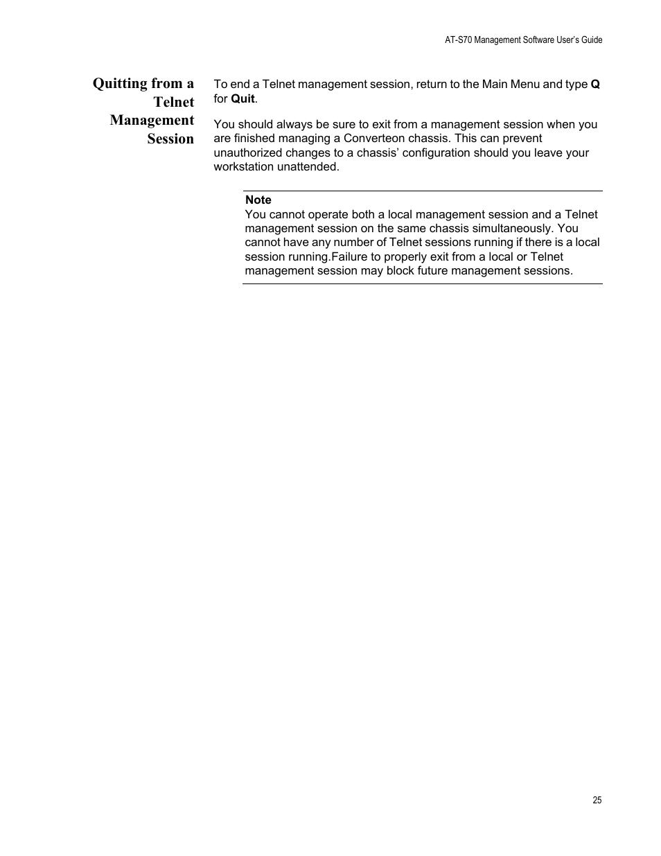Quitting from a telnet management session | Allied Telesis AT-S70 User Manual | Page 25 / 132