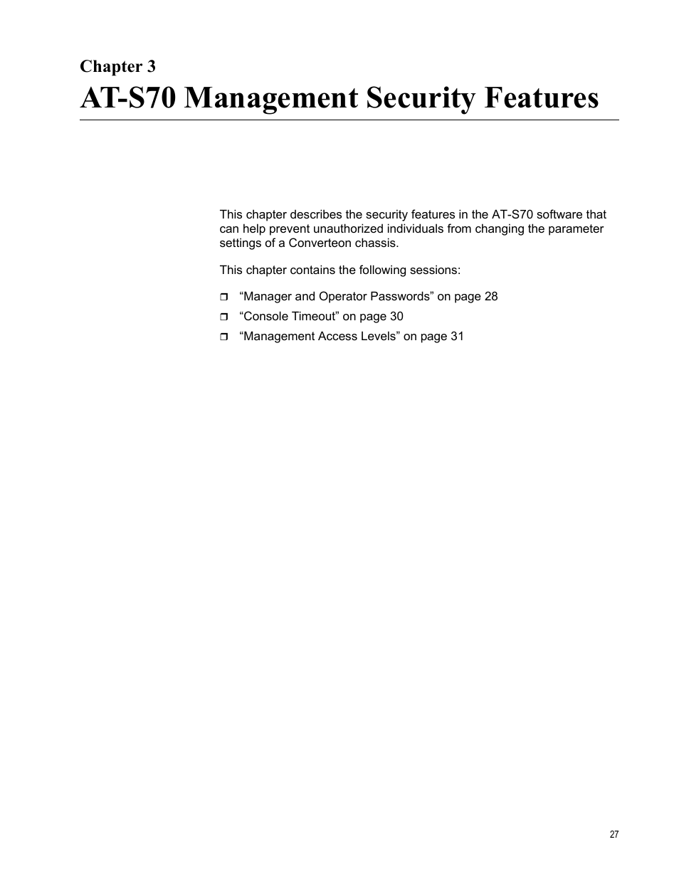Chapter 3, At-s70 management security features | Allied Telesis AT-S70 User Manual | Page 27 / 132