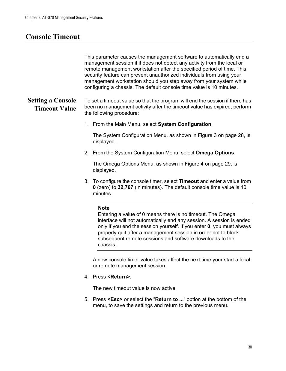 Console timeout, Setting a console timeout value | Allied Telesis AT-S70 User Manual | Page 30 / 132
