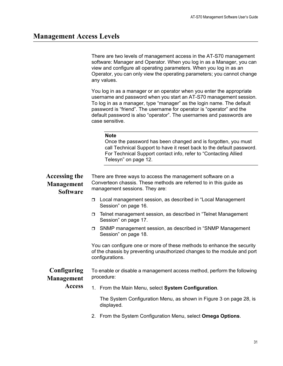Management access levels, Accessing the management software, Configuring management access | Allied Telesis AT-S70 User Manual | Page 31 / 132