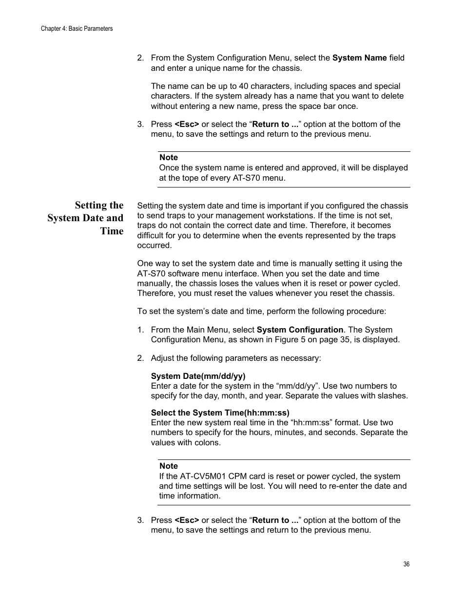 Setting the system date and time | Allied Telesis AT-S70 User Manual | Page 36 / 132