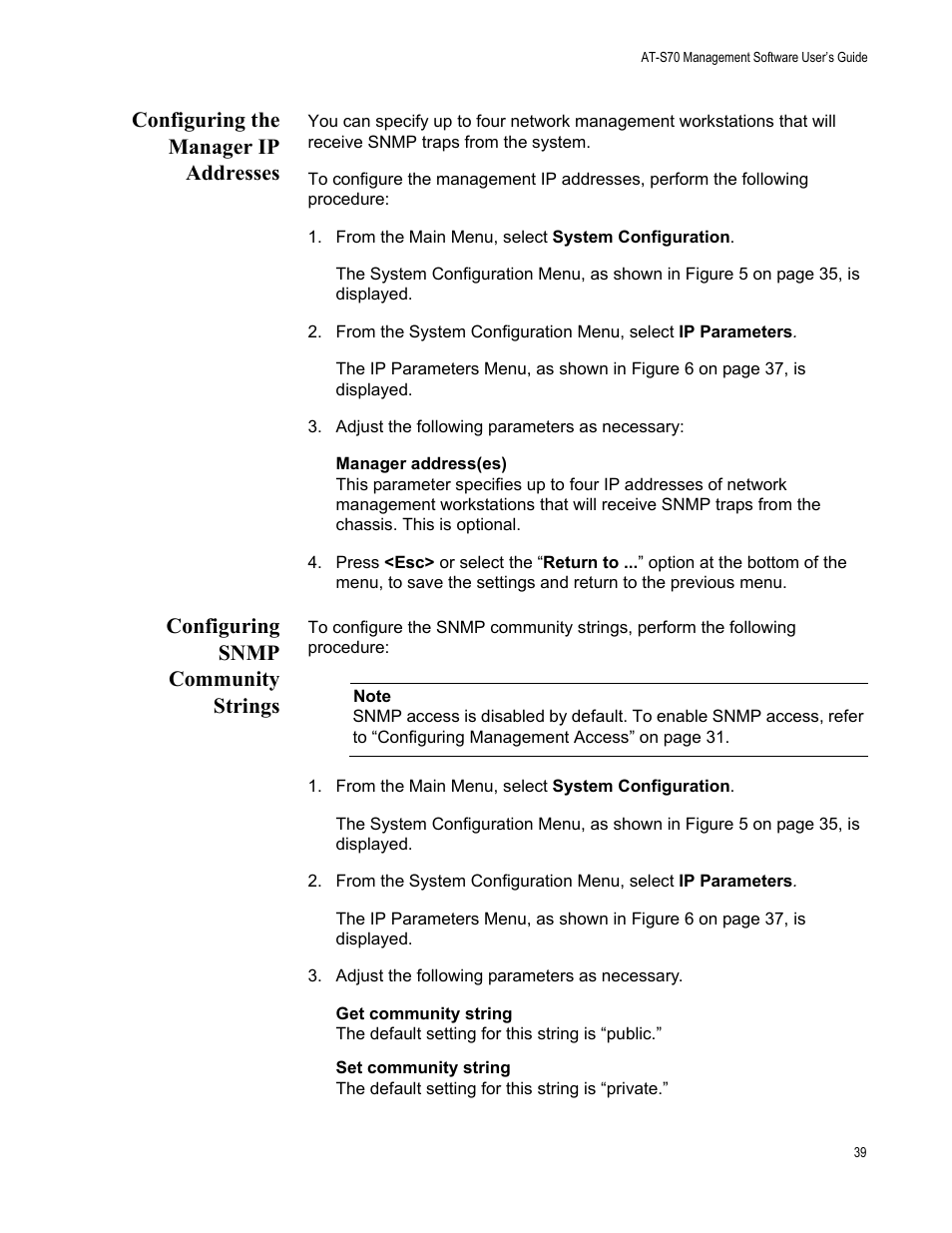 Configuring the manager ip addresses, Configuring snmp community strings | Allied Telesis AT-S70 User Manual | Page 39 / 132