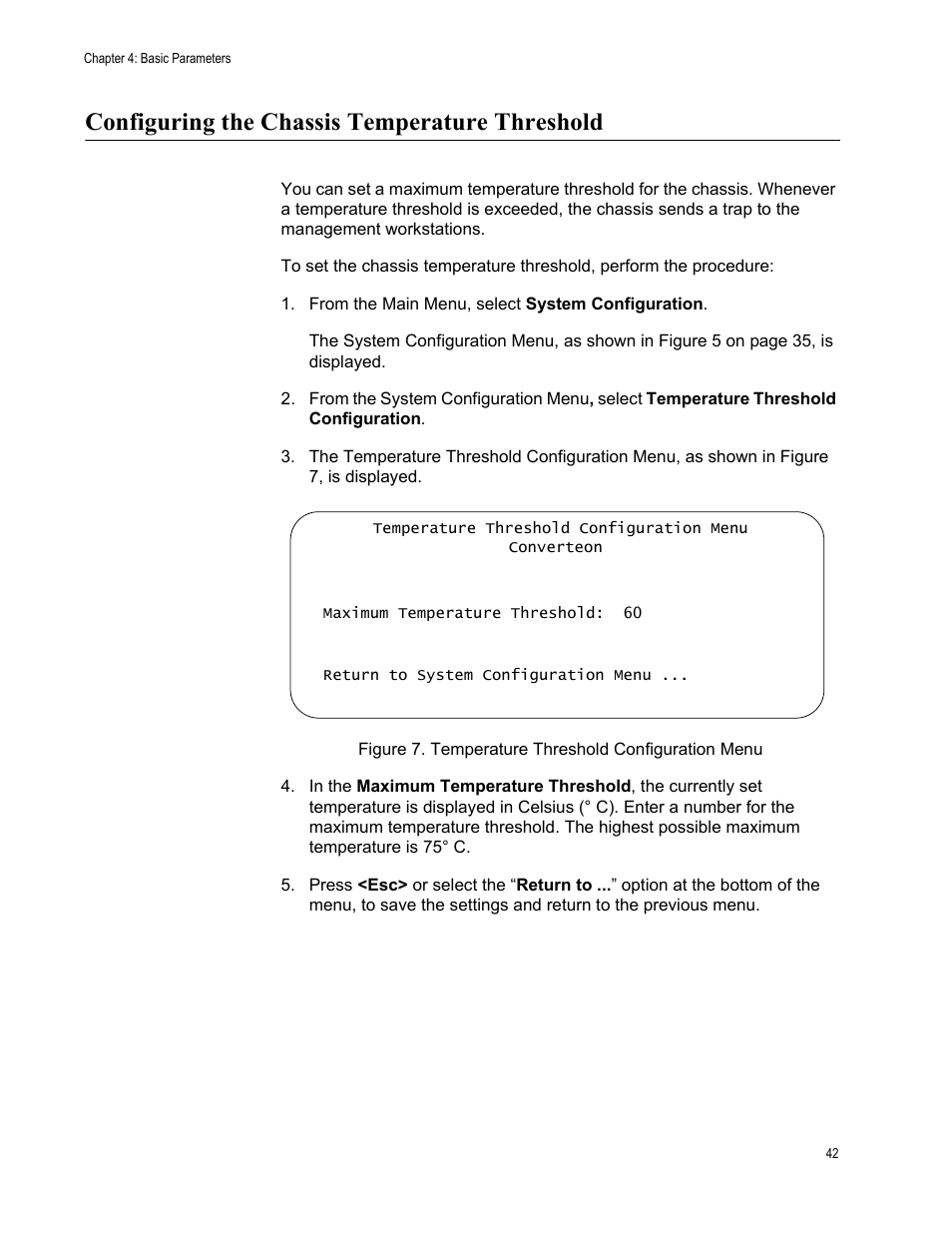Configuring the chassis temperature threshold, Figure 7. temperature threshold configuration menu | Allied Telesis AT-S70 User Manual | Page 42 / 132