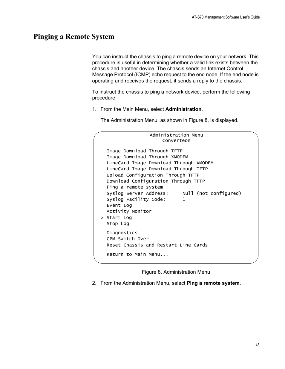 Pinging a remote system, Figure 8. administration menu | Allied Telesis AT-S70 User Manual | Page 43 / 132