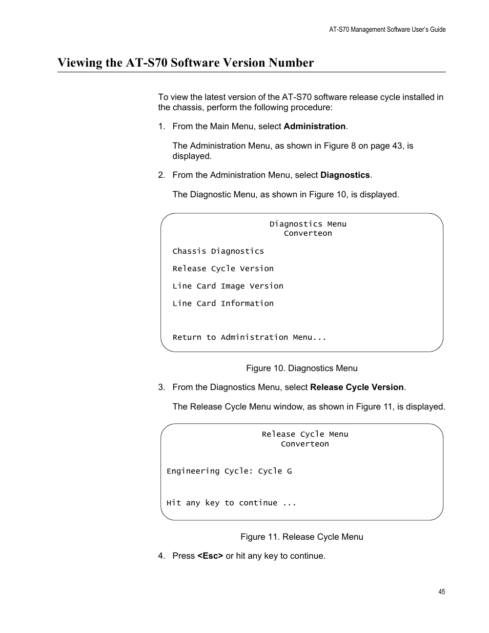 Viewing the at-s70 software version number | Allied Telesis AT-S70 User Manual | Page 45 / 132