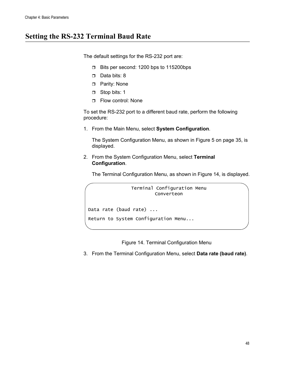Setting the rs-232 terminal baud rate, Figure 14. terminal configuration menu | Allied Telesis AT-S70 User Manual | Page 48 / 132