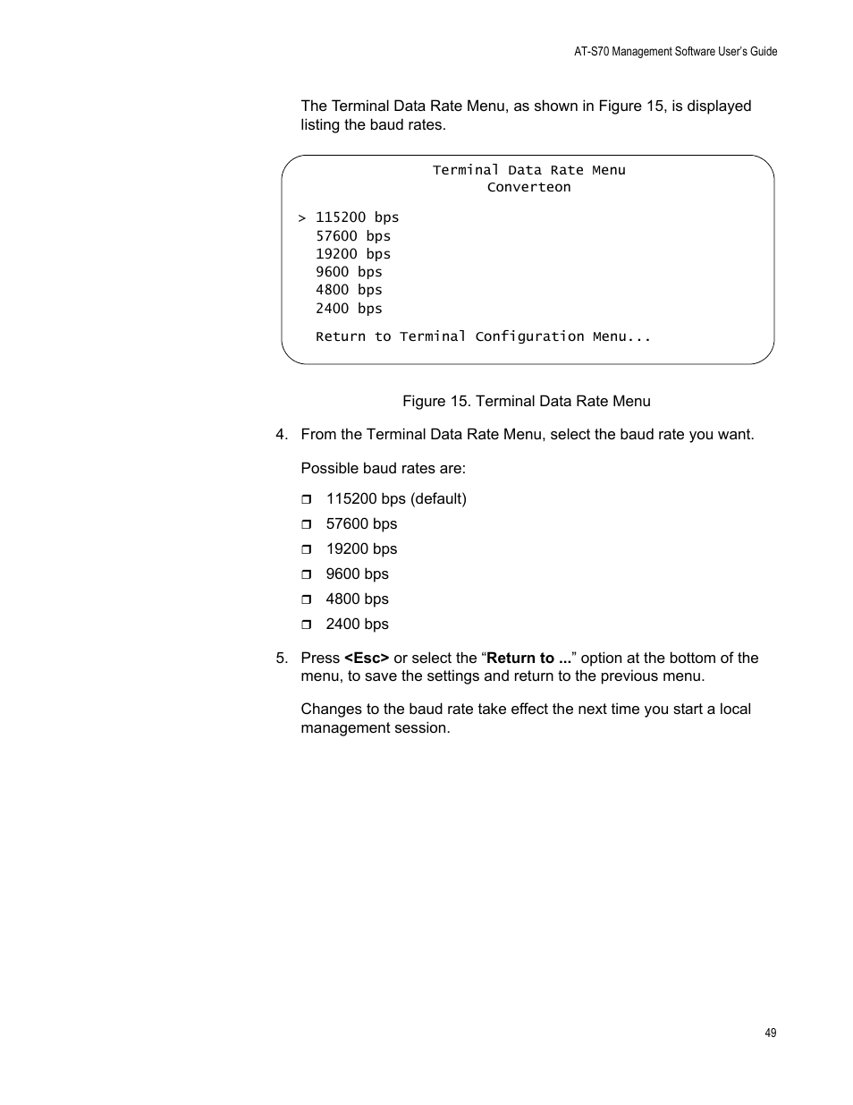 Figure 15. terminal data rate menu | Allied Telesis AT-S70 User Manual | Page 49 / 132