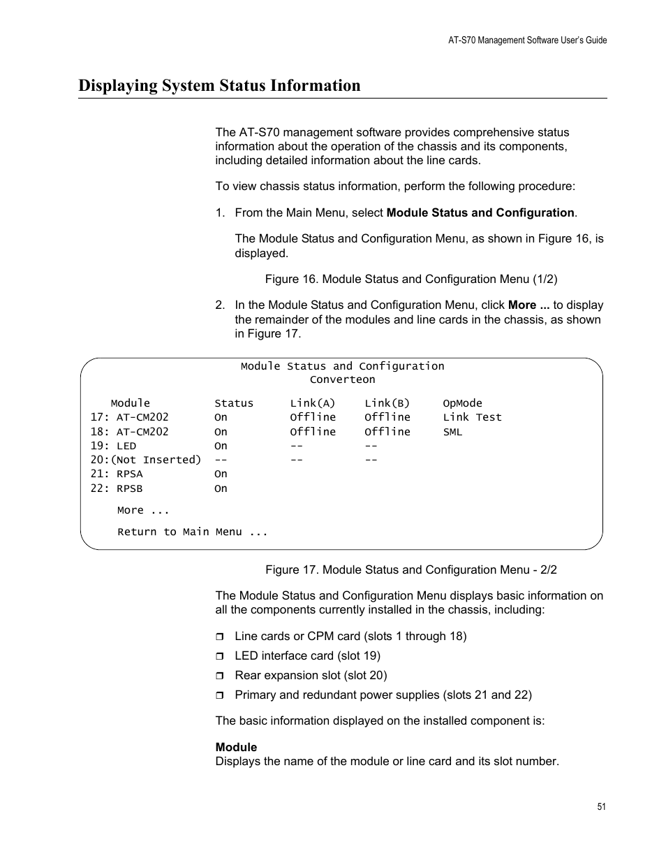 Displaying system status information | Allied Telesis AT-S70 User Manual | Page 51 / 132