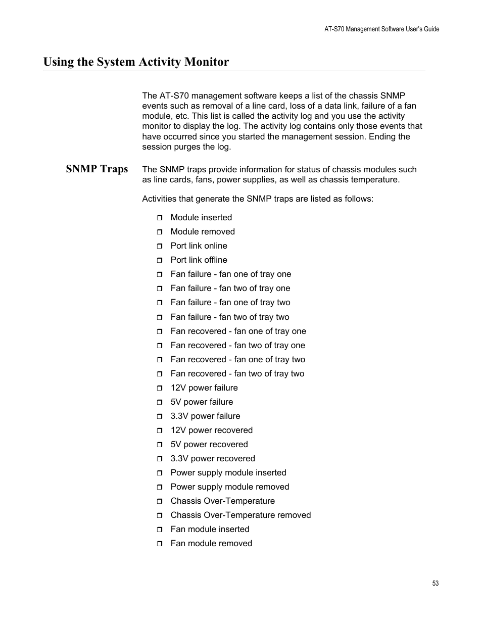 Using the system activity monitor, Snmp traps | Allied Telesis AT-S70 User Manual | Page 53 / 132