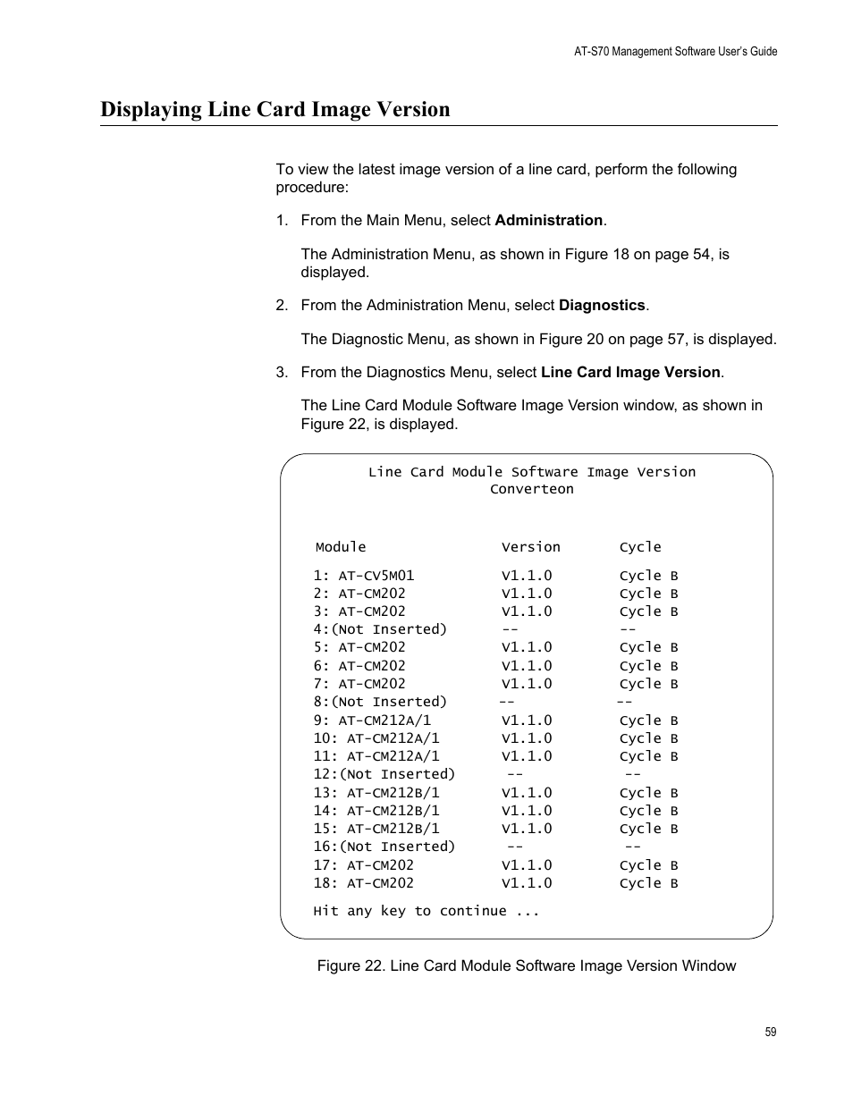 Displaying line card image version | Allied Telesis AT-S70 User Manual | Page 59 / 132