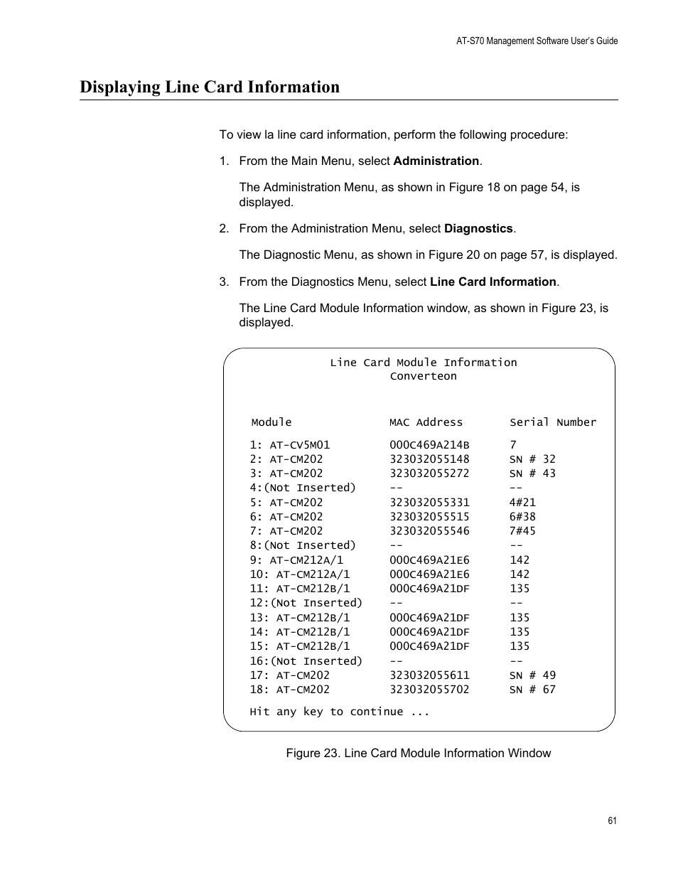 Displaying line card information, Figure 23. line card module information window | Allied Telesis AT-S70 User Manual | Page 61 / 132