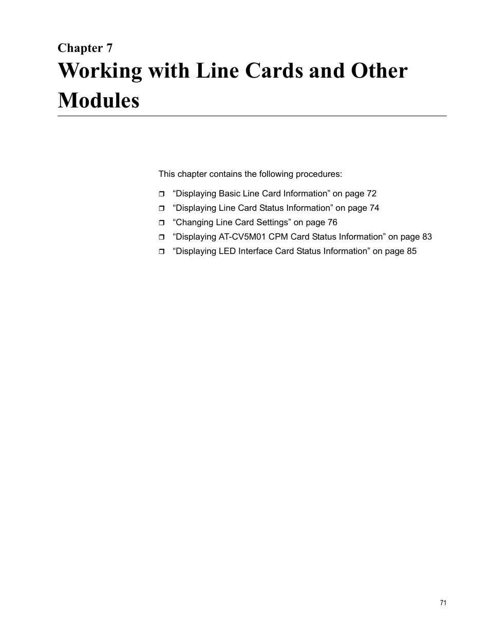 Chapter 7, Working with line cards and other modules | Allied Telesis AT-S70 User Manual | Page 71 / 132