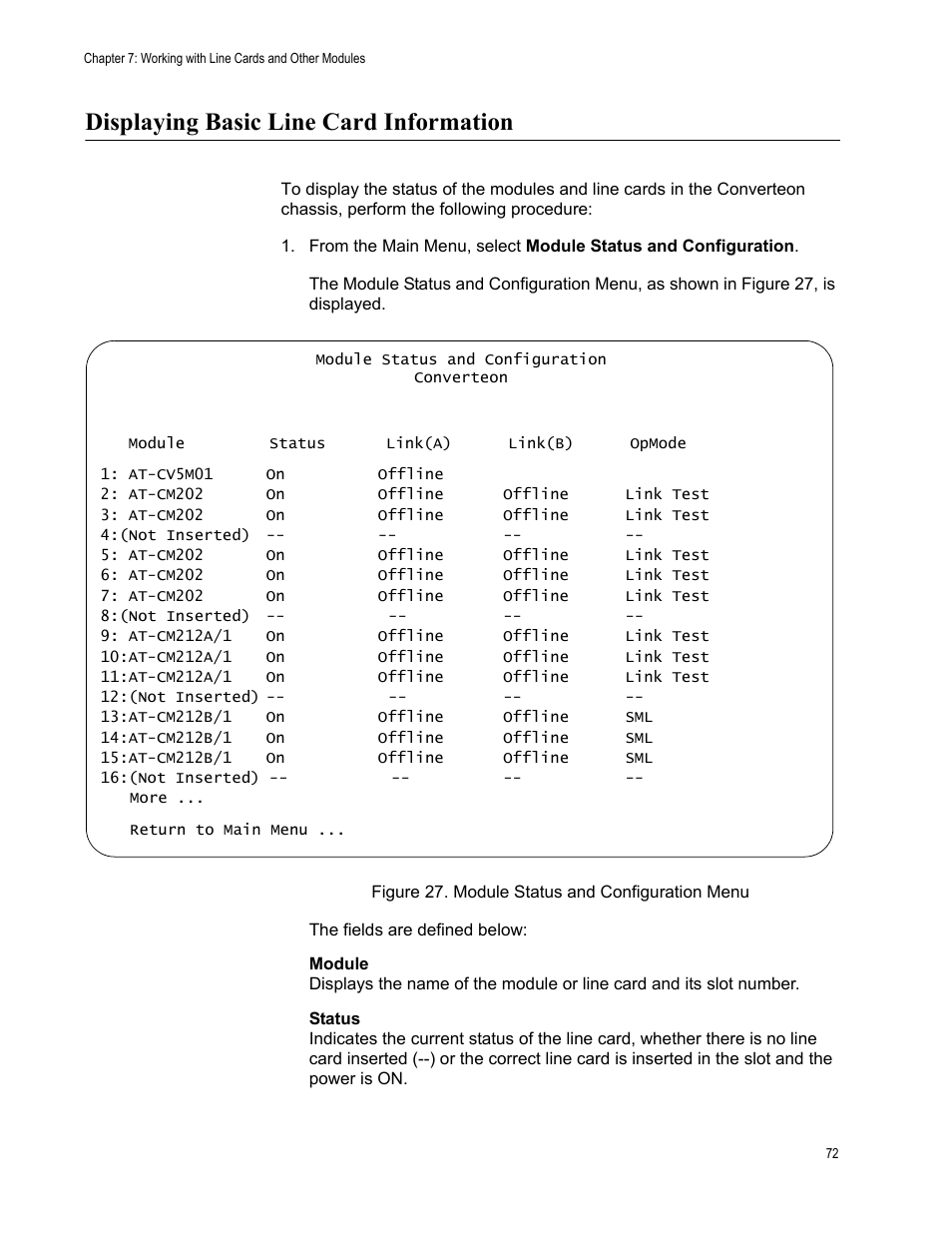 Displaying basic line card information, Figure 27. module status and configuration menu | Allied Telesis AT-S70 User Manual | Page 72 / 132
