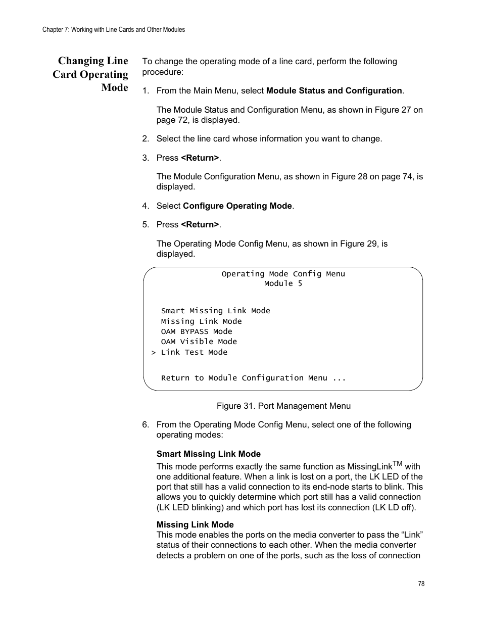 Changing line card operating mode, Figure 31. port management menu | Allied Telesis AT-S70 User Manual | Page 78 / 132