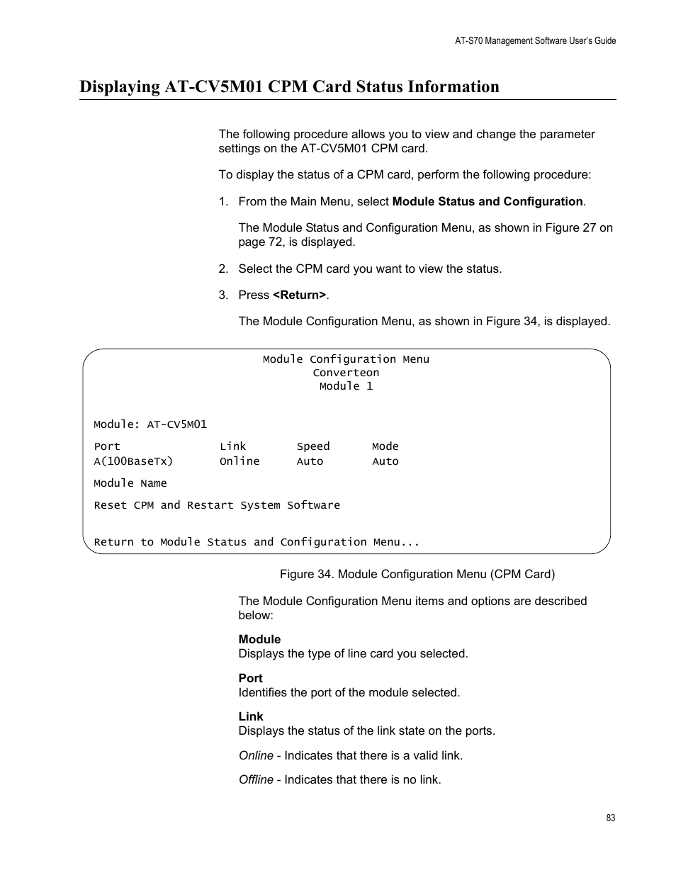 Displaying at-cv5m01 cpm card status information, Figure 34. module configuration menu (cpm card) | Allied Telesis AT-S70 User Manual | Page 83 / 132