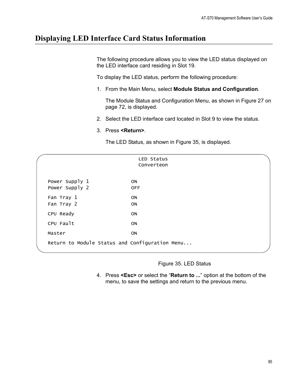 Displaying led interface card status information, Figure 35. led status | Allied Telesis AT-S70 User Manual | Page 85 / 132