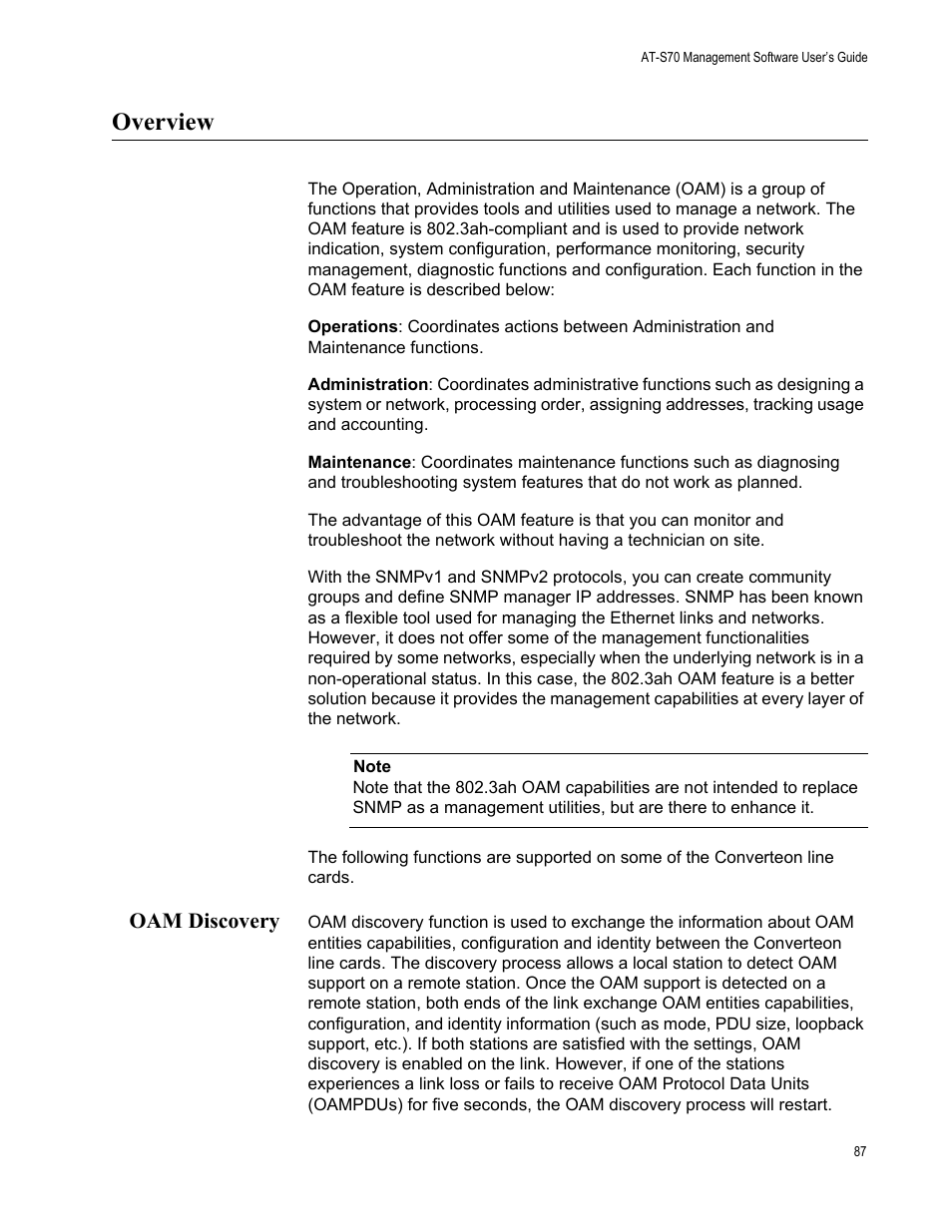 Overview, Oam discovery | Allied Telesis AT-S70 User Manual | Page 87 / 132