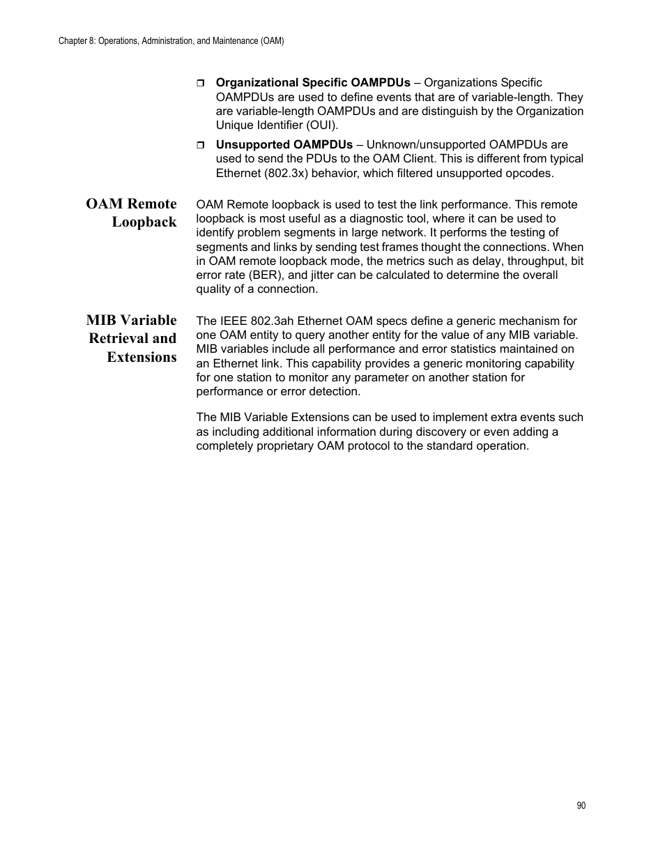 Oam remote loopback, Mib variable retrieval and extensions | Allied Telesis AT-S70 User Manual | Page 90 / 132