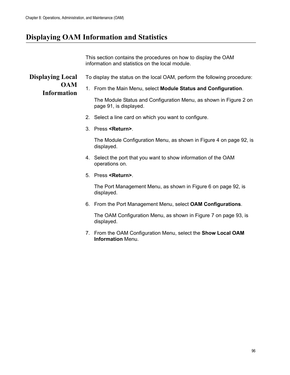 Displaying oam information and statistics, Displaying local oam information | Allied Telesis AT-S70 User Manual | Page 96 / 132