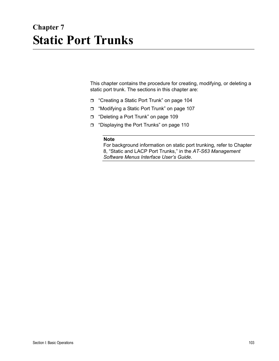 Chapter 7, Static port trunks, R 7: static port trunks | Chapter 7: static port trunks | Allied Telesis AT-S63 User Manual | Page 103 / 456