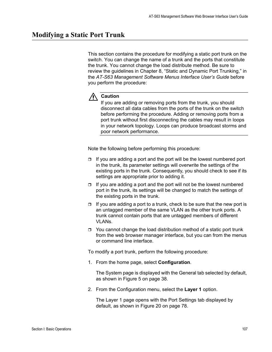 Modifying a static port trunk | Allied Telesis AT-S63 User Manual | Page 107 / 456