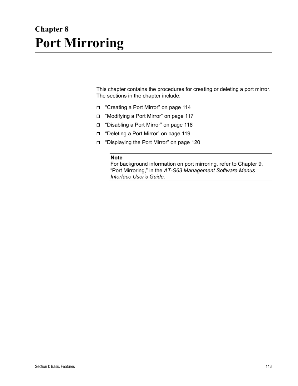 Chapter 8, Port mirroring, Chapter 8: port mirroring | Allied Telesis AT-S63 User Manual | Page 113 / 456