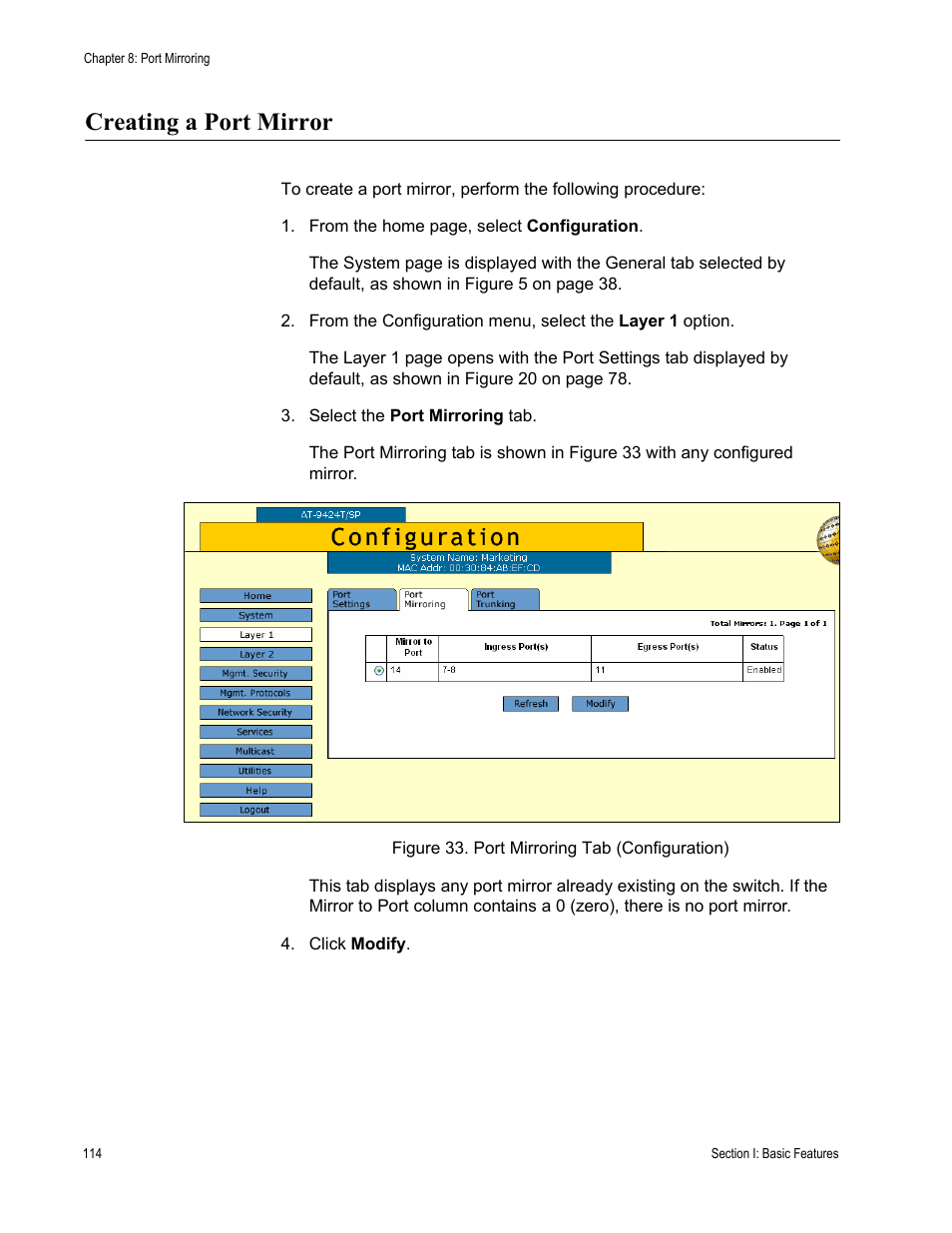 Creating a port mirror, Figure 33: port mirroring tab (configuration) | Allied Telesis AT-S63 User Manual | Page 114 / 456