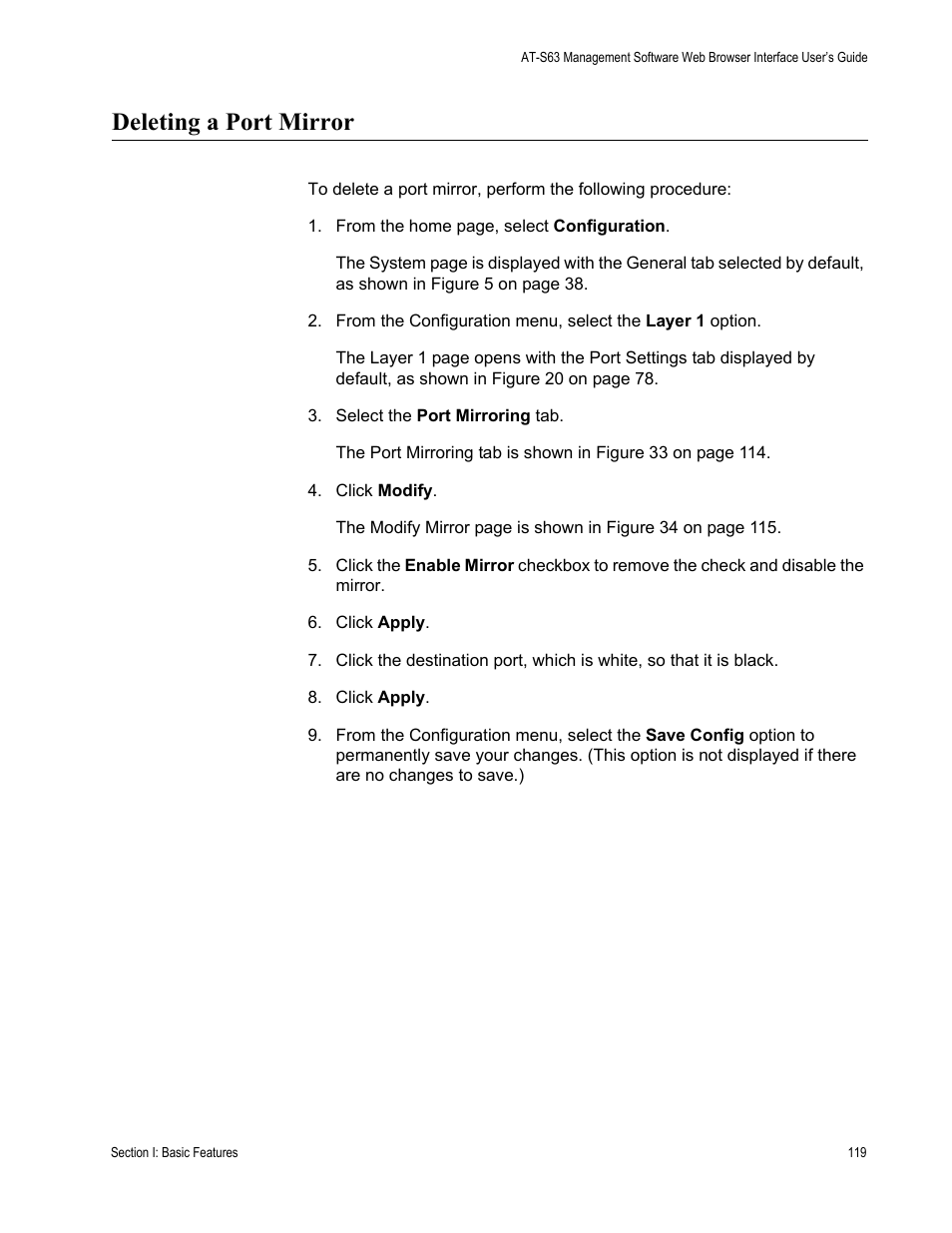 Deleting a port mirror | Allied Telesis AT-S63 User Manual | Page 119 / 456
