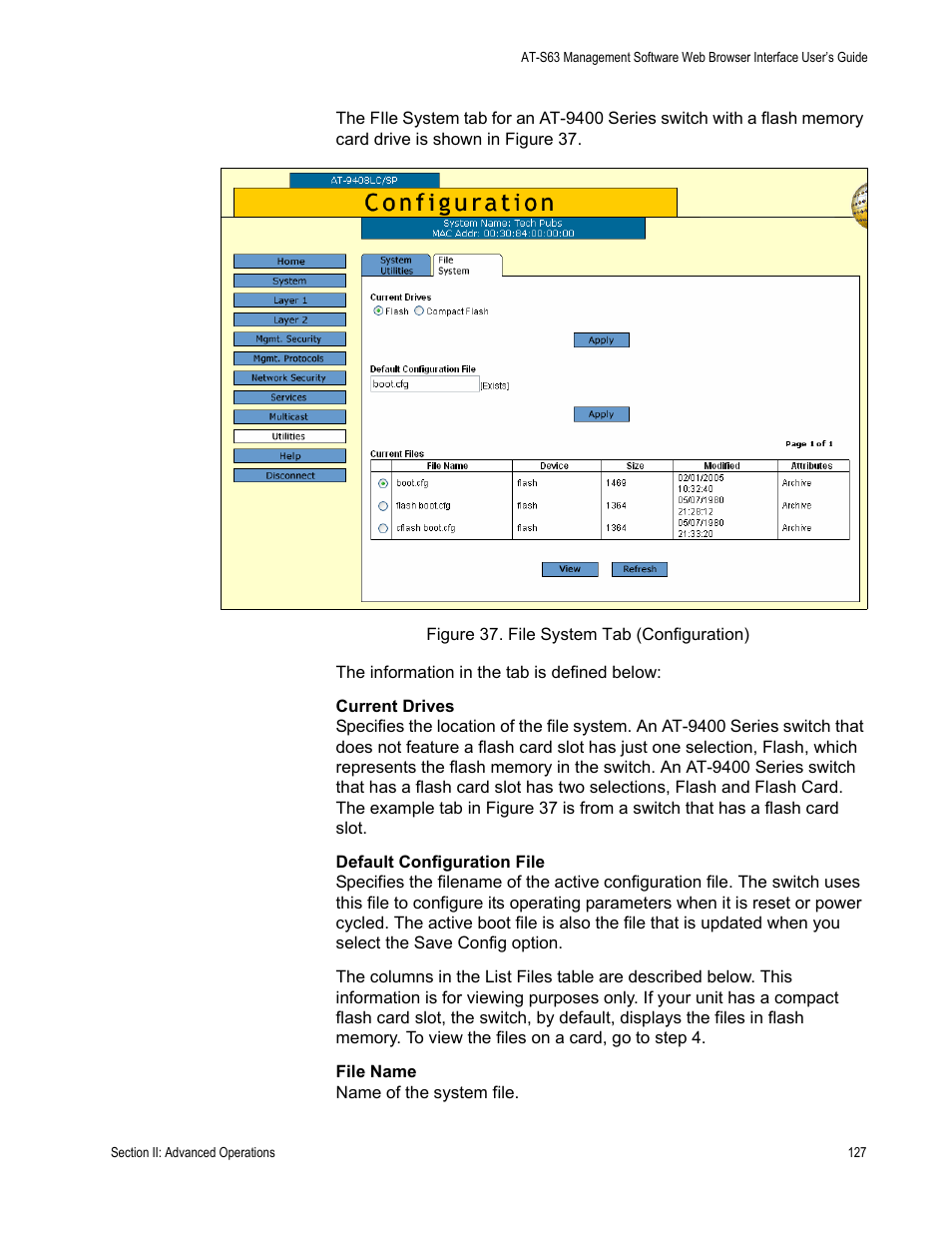 Figure 37: file system tab (configuration) | Allied Telesis AT-S63 User Manual | Page 127 / 456