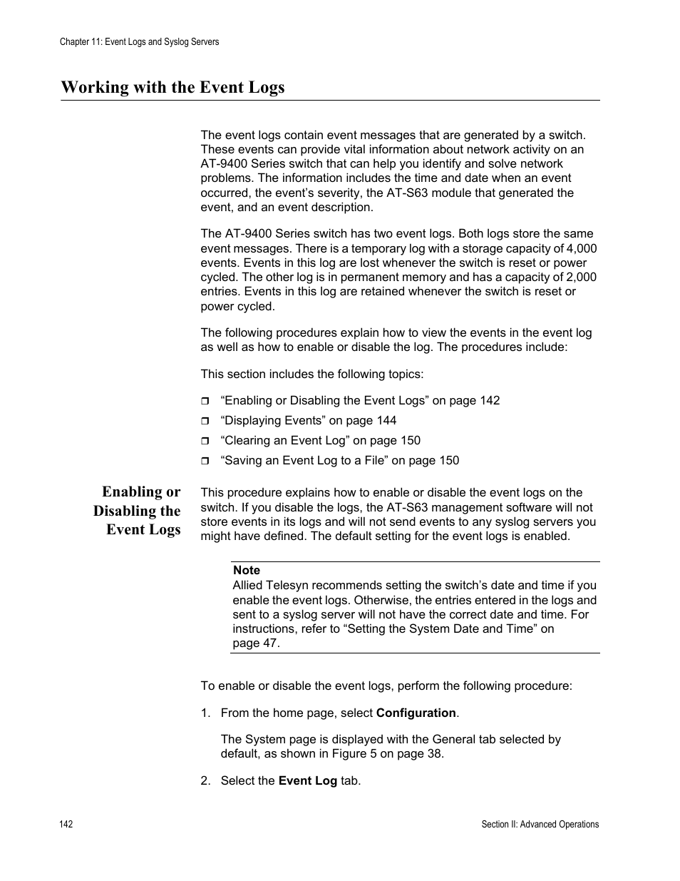 Working with the event logs, Enabling or disabling the event logs | Allied Telesis AT-S63 User Manual | Page 142 / 456