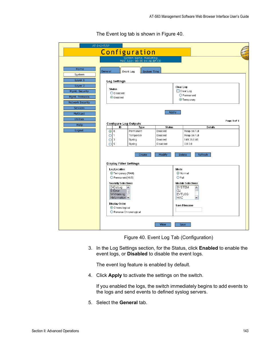 Figure 40: event log tab (configuration) | Allied Telesis AT-S63 User Manual | Page 143 / 456