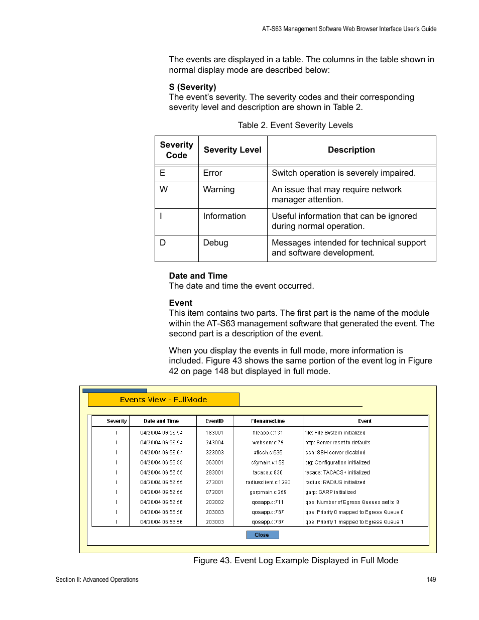 Table 3: event severity levels | Allied Telesis AT-S63 User Manual | Page 149 / 456
