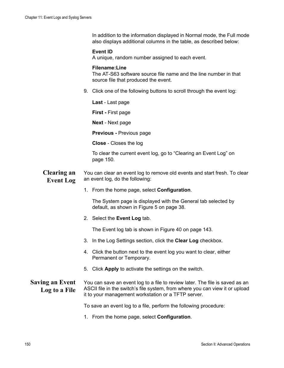 Clearing an event log, Saving an event log to a file | Allied Telesis AT-S63 User Manual | Page 150 / 456