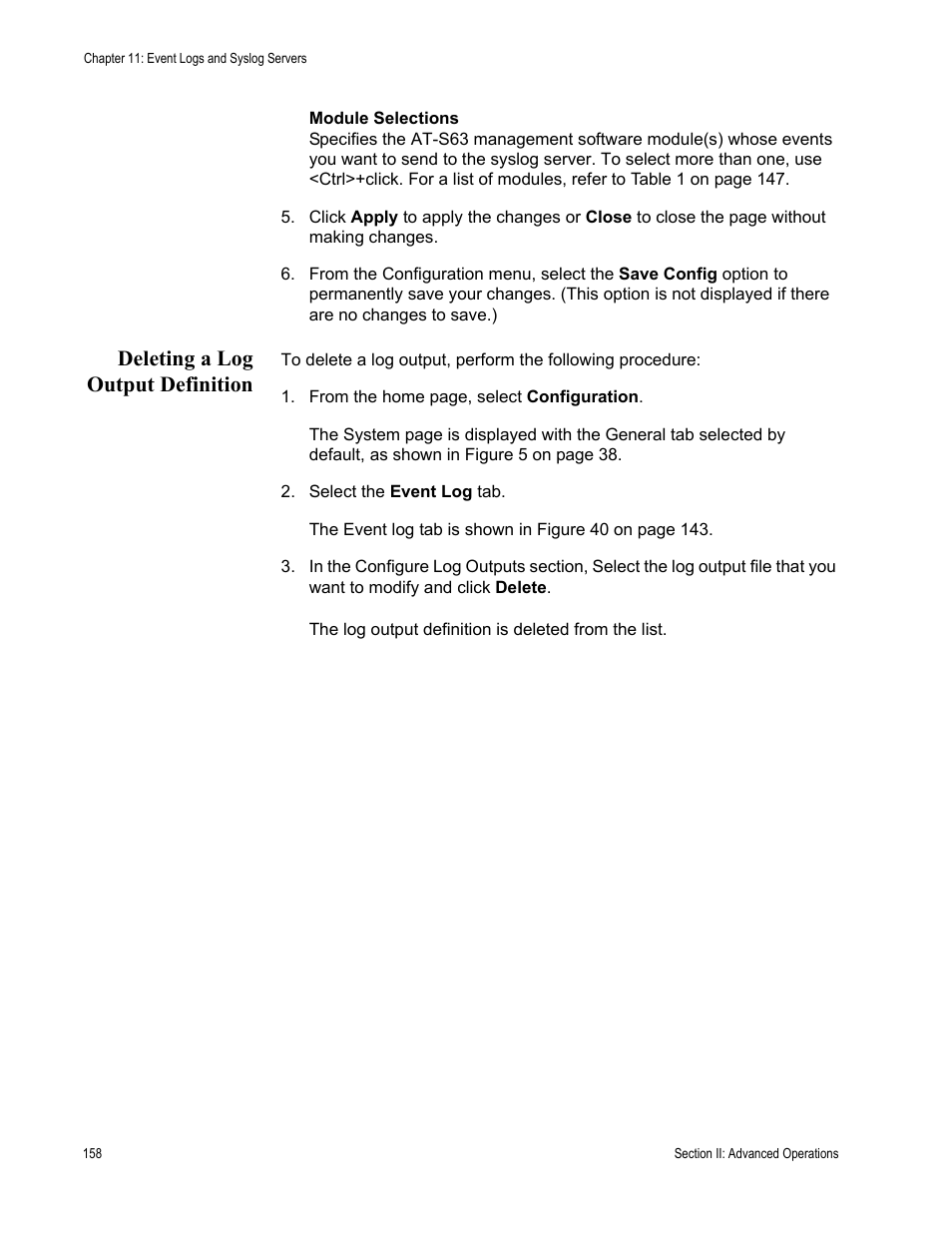 Deleting a log output definition | Allied Telesis AT-S63 User Manual | Page 158 / 456