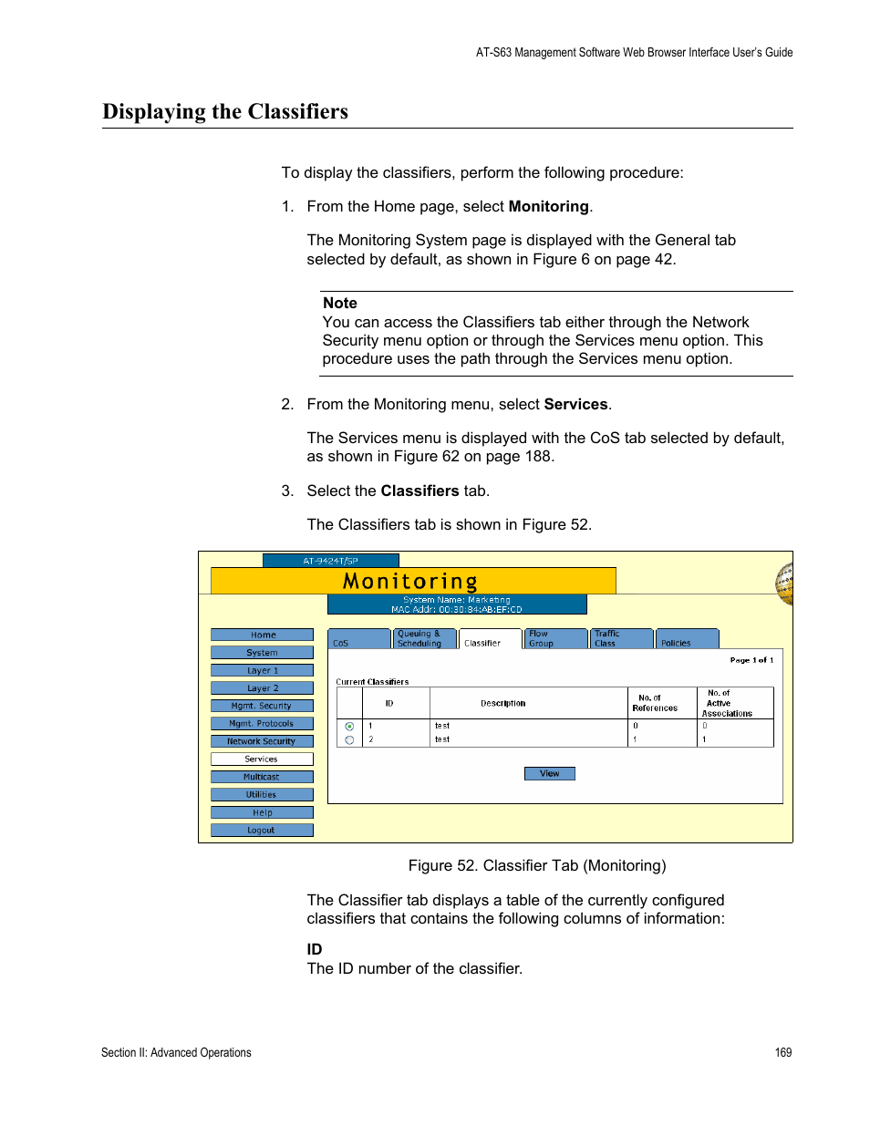 Displaying the classifiers, Figure 52: classifier tab (monitoring) | Allied Telesis AT-S63 User Manual | Page 169 / 456