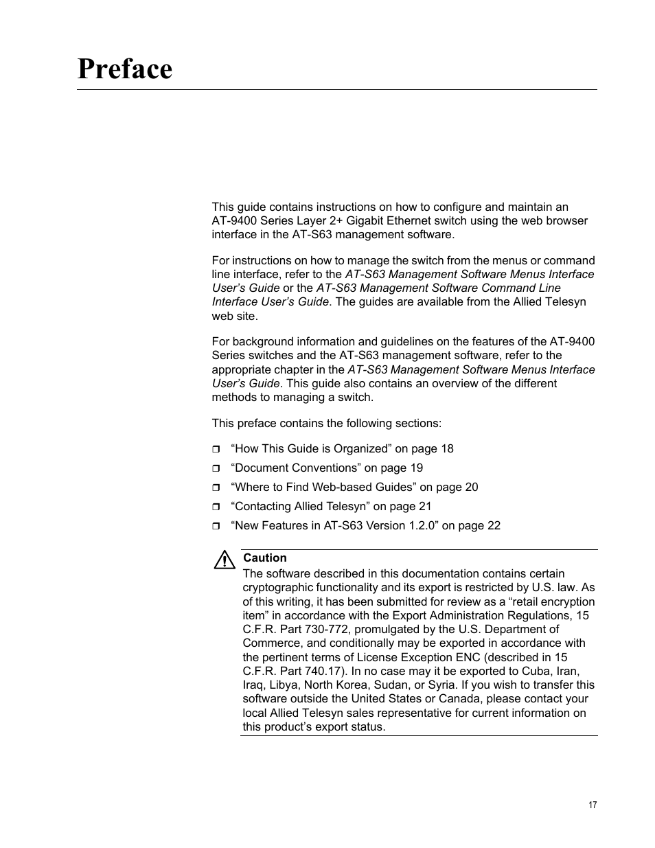 Preface | Allied Telesis AT-S63 User Manual | Page 17 / 456