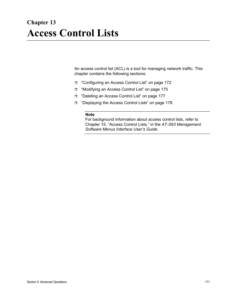 Chapter 13, Access control lists, Chapter 13: access control lists | Allied Telesis AT-S63 User Manual | Page 171 / 456