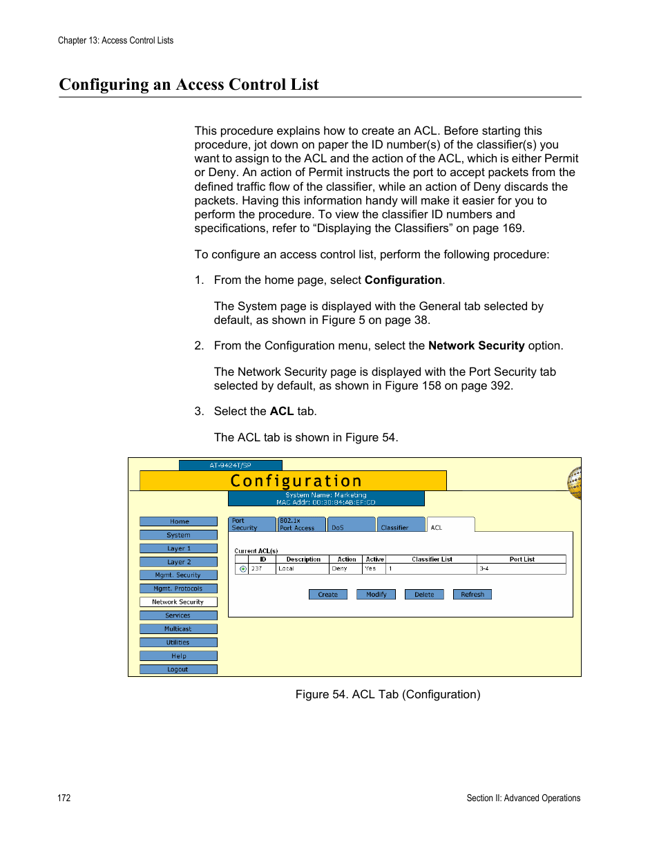 Configuring an access control list, Figure 54: acl tab (configuration) | Allied Telesis AT-S63 User Manual | Page 172 / 456