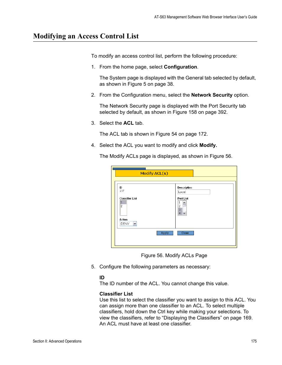 Modifying an access control list | Allied Telesis AT-S63 User Manual | Page 175 / 456
