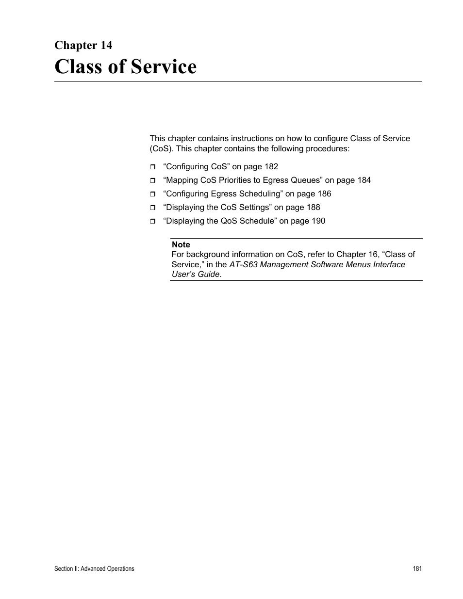 Chapter 14, Class of service, Chapter 14: class of service | Allied Telesis AT-S63 User Manual | Page 181 / 456