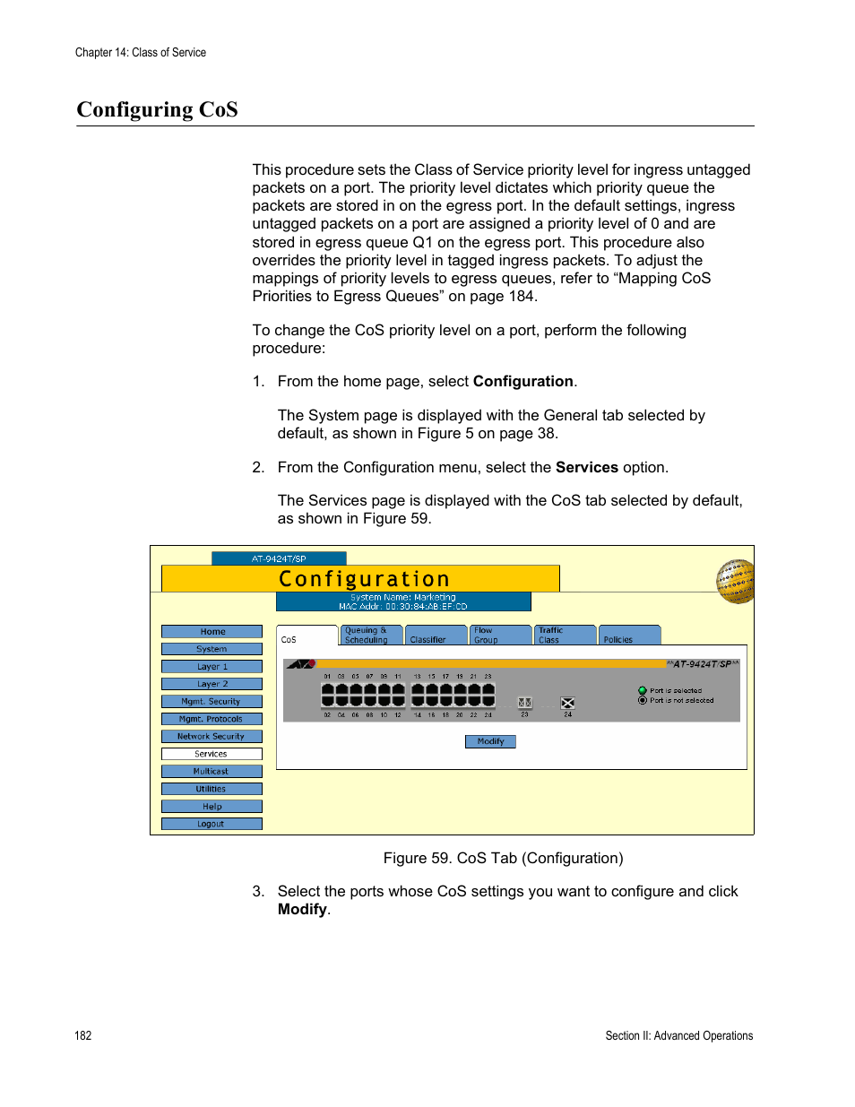 Configuring cos, Figure 59: cos tab (configuration) | Allied Telesis AT-S63 User Manual | Page 182 / 456