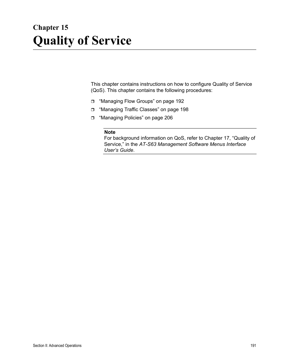 Chapter 15, Quality of service, Chapter 15: quality of service | Allied Telesis AT-S63 User Manual | Page 191 / 456