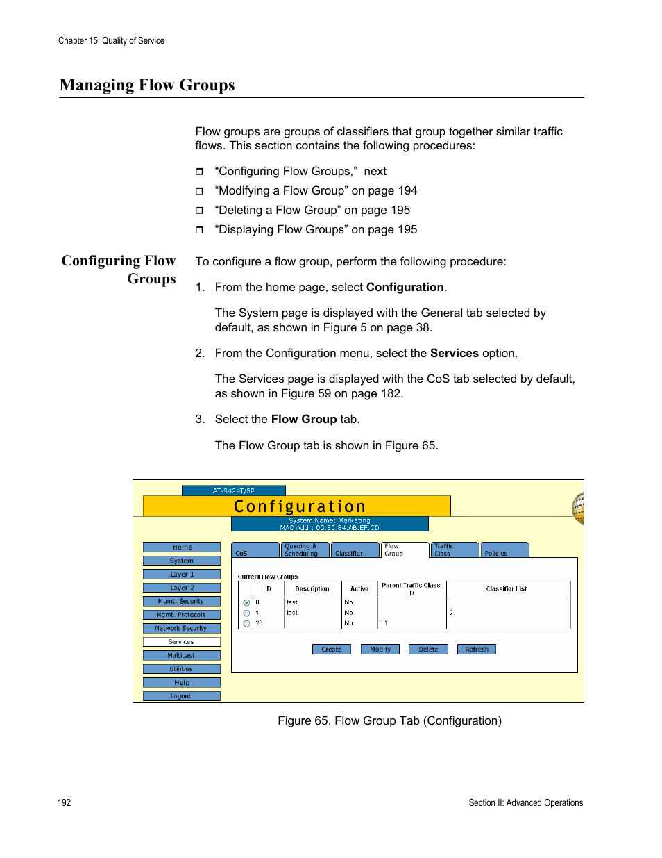 Managing flow groups, Configuring flow groups, Figure 65: flow group tab (configuration) | Allied Telesis AT-S63 User Manual | Page 192 / 456