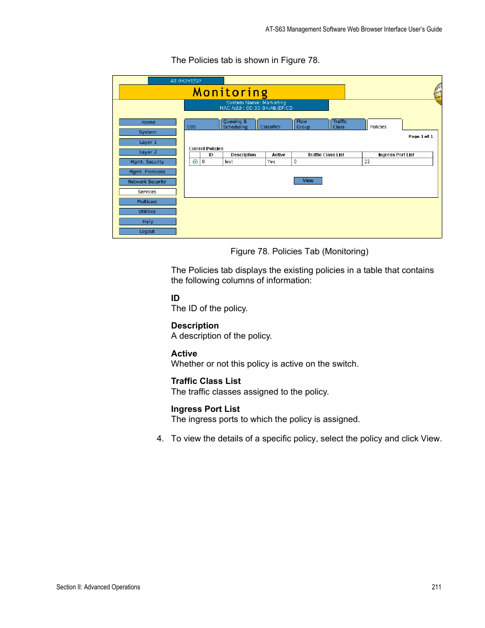 Figure 78: policies tab (monitoring) | Allied Telesis AT-S63 User Manual | Page 211 / 456