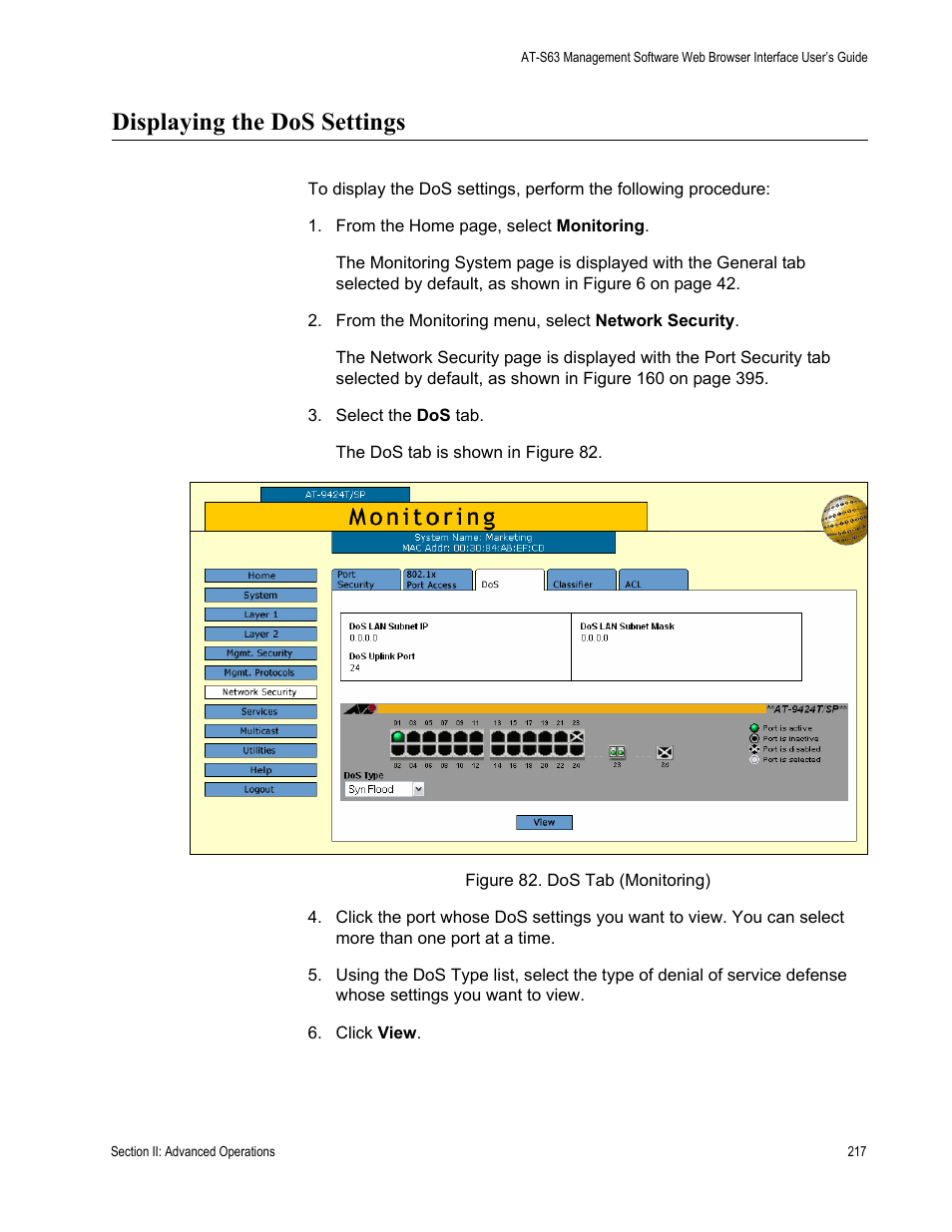 Displaying the dos settings, Figure 82: dos tab (monitoring) | Allied Telesis AT-S63 User Manual | Page 217 / 456