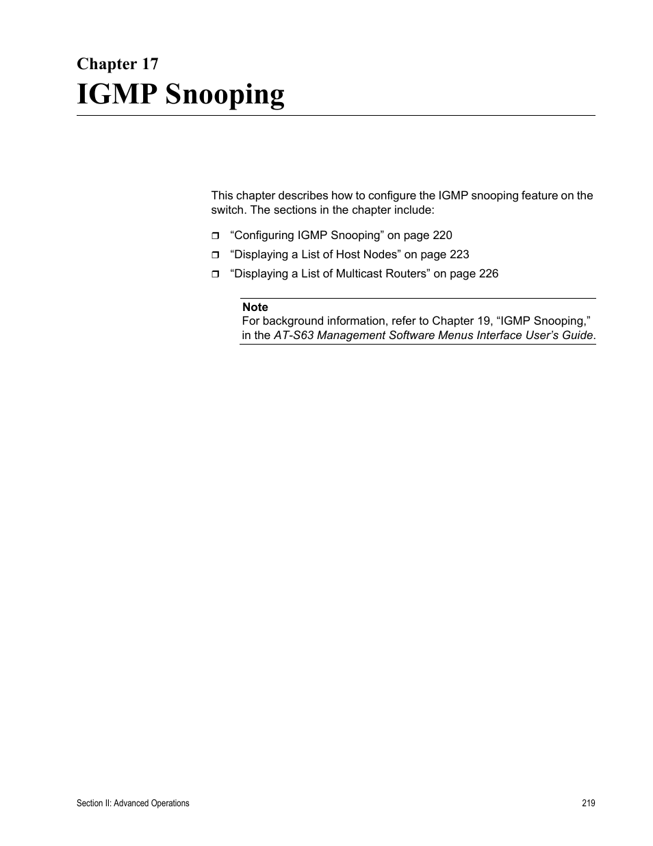 Chapter 17, Igmp snooping, Chapter 17: igmp snooping | Allied Telesis AT-S63 User Manual | Page 219 / 456
