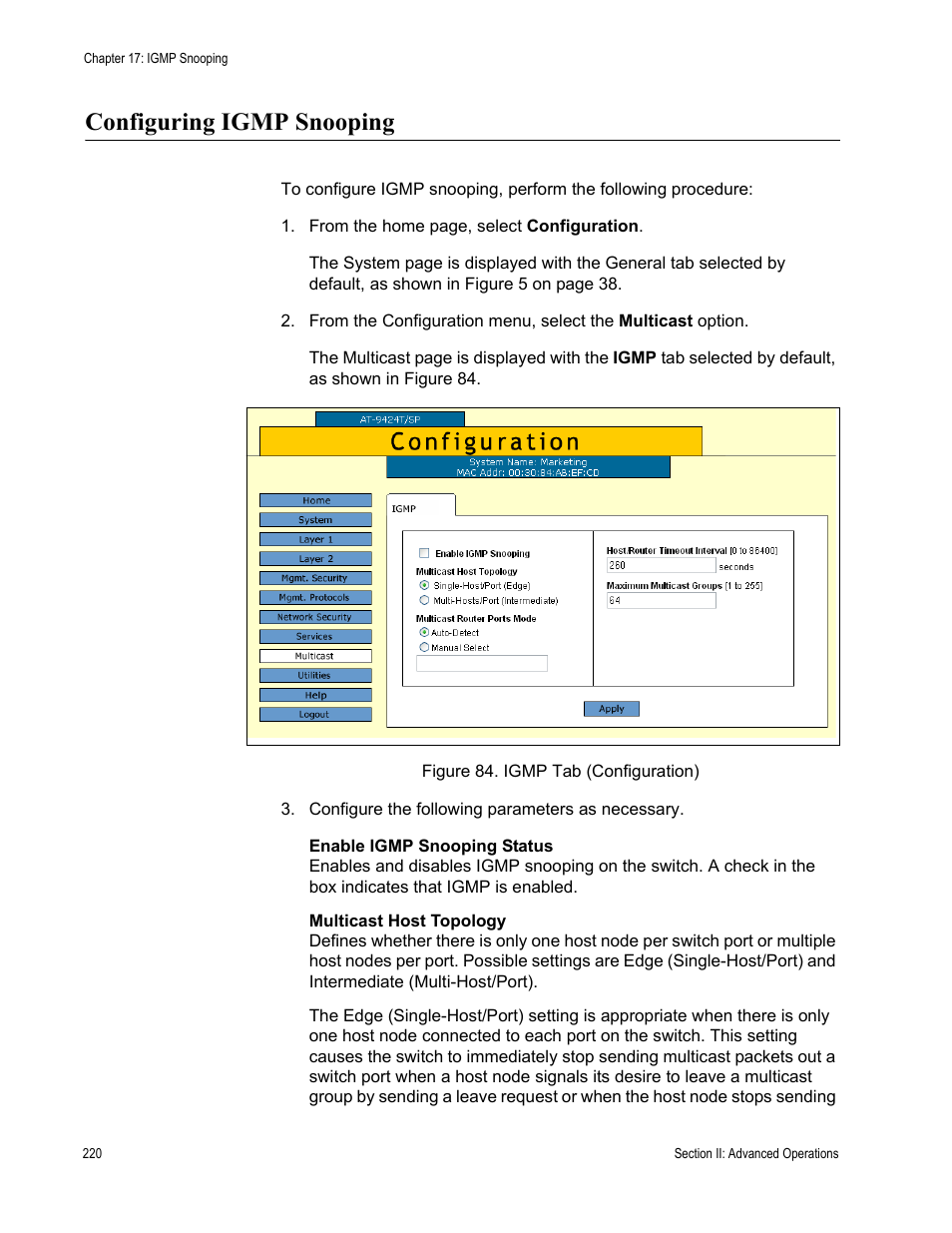 Configuring igmp snooping, Figure 84: igmp tab (configuration) | Allied Telesis AT-S63 User Manual | Page 220 / 456
