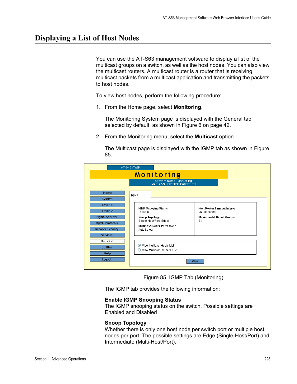 Displaying a list of host nodes, Figure 85: igmp tab (monitoring) | Allied Telesis AT-S63 User Manual | Page 223 / 456